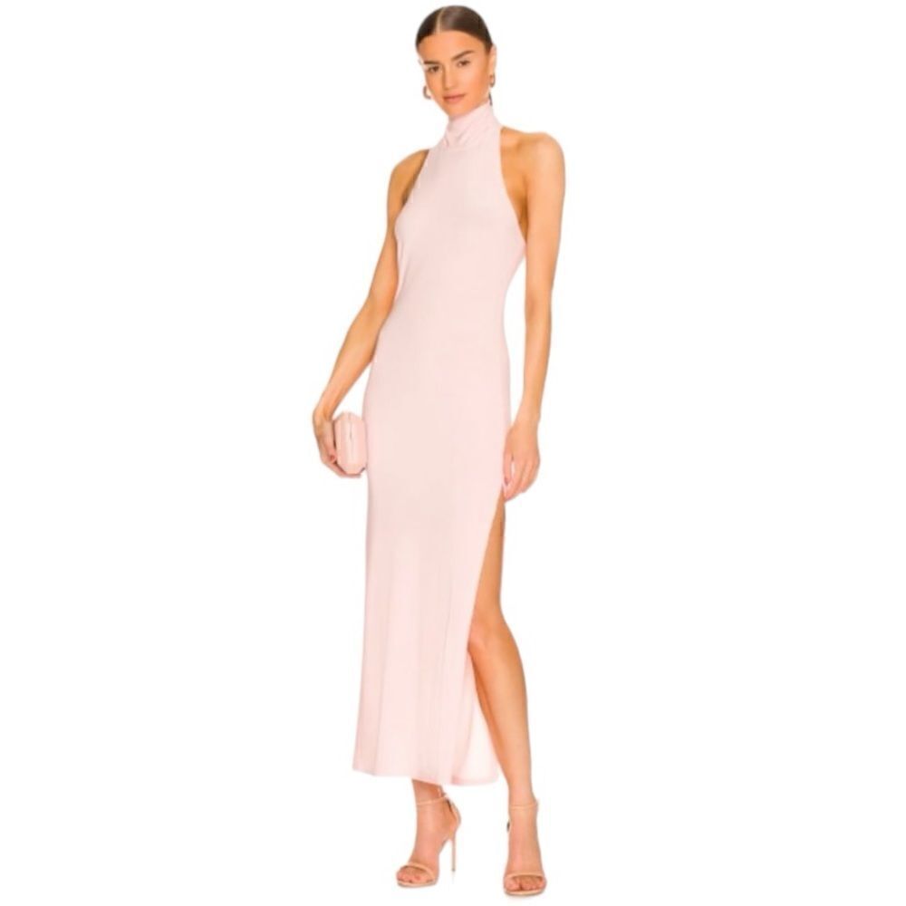 Norma Kamali X REVOLVE Halter Turtle Side Slit Gown in Blush.Size M